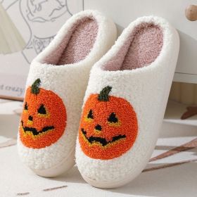 Halloween Pumpkin Cartoon Slippers Warm Winter Slippers Men And Women Couples Indoor House Shoes (Option: White-36or37)