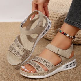 Summer Rhinestone Wedges Sandals Casual Sports Air Cushion Bottom Beach Shoes For Women Roman Sandals (Option: Beige-Size36)