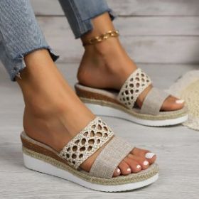 Plus Size Rope Bottom Platform Peep Toe Sandals For Women (Option: Beige-35)