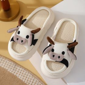 Cute Cartoon Cow Frog Slippers Linen Non-slip Shoes Indoor Garden Home Slippers (Option: Cows-36or37)