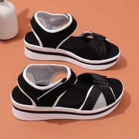 Summer Mesh Cross-strap Sandals With Velcro-design Thick Sole Flats Beach Shoes Women (Option: Black-Size35)