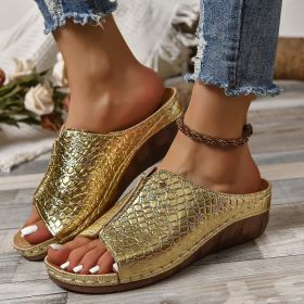 Fashion Crocodile-pattern Wedges Sandals Summer Outdoor Thick-soled Slippers Fish Mouth Shoes For Women (Option: Gold-Size36)