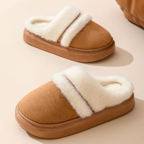 Fashion Warm Cotton Slippers For Women Leisure Thick Bottom Non-slip Plus-velvet House Shoes Winter Bedroom Floor Suede Slipper (Option: Khaki-36to37)