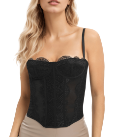 Lace Bustier Corset Tops for Women Going Out Mesh Overbust Adjustable Strap Waist Cincher Crop Bustier Party Rave Date Night Outfit Tank Top (Color: Black, size: XS)