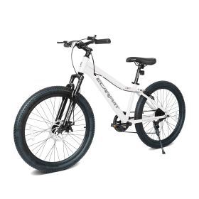 24 Inch Youth Mountain Bike with 7 Speeds & Front Suspension Durable Steel Frame, Alloy Rims & Disc Brakes For Boys and Girls in Multiple Colors (Color: White)