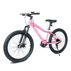 24 Inch Youth Mountain Bike with 7 Speeds & Front Suspension Durable Steel Frame, Alloy Rims & Disc Brakes For Boys and Girls in Multiple Colors (Color: Pink)