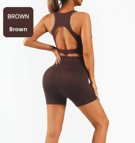 Workout Sets for Women 2 Piece High Waisted Seamless Leggings with Padded Stretchy Sports Bra Sets Gym Clothes (Color: Brown, size: S)