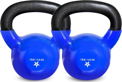 Kettlebell, 5-100 LB Vinyl Coated Cast Iron Strength Training Kettlebells for Home Gym Exercises, Fitness, Full Body Workout Equipment, Push Ups (Color: C. 15LB - Dark Blue  Vinyl Coated - Pair)