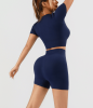 Workout Sets for Women 2 Piece Seamless Ribbed Short Sleeve Crop Top High Waist Shorts Yoga Outfits