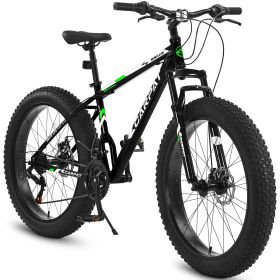 26 Inch Fat Tire Bike Adult/Youth 21 Speed Mountain Bike, Dual Disc Brake, High-Carbon Steel Frame, Front Suspension, Mountain Trail Bike (Color: BLACK-GREEN)
