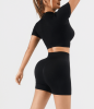 Workout Sets for Women 2 Piece Seamless Ribbed Short Sleeve Crop Top High Waist Shorts Yoga Outfits