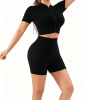 Workout Sets for Women 2 Piece Seamless Ribbed Short Sleeve Crop Top High Waist Shorts Yoga Outfits