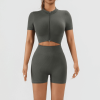 Workout Sets for Women 2 Piece Seamless Ribbed Short Sleeve Crop Top High Waist Shorts Yoga Outfits