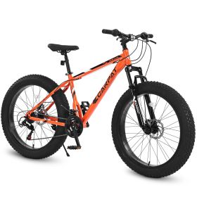 26 Inch Fat Tire Bike Adult/Youth 21 Speed Mountain Bike, Dual Disc Brake, High-Carbon Steel Frame, Front Suspension, Mountain Trail Bike (Color: Orange)