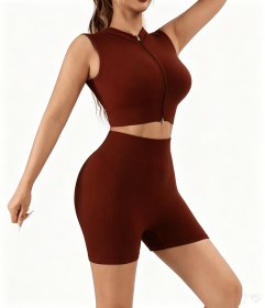2 Piece Workout Sets for Women High Waisted Shorts Tummy Control Shorts Yoga Sports Tank (Color: Brown, size: S)