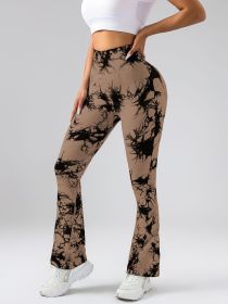 High-Waist Tummy Control Flare Yoga Pants For Women, Tie-Dye Stretch Slimming Bootcut Workout Pants, Fitness & Sports Activewear (Color: Coffee, size: L)