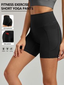 Plus Size Yoga Biker Shorts with Pockets â€“ High Waist, Tummy Control Gym Leggings (Colour: Black, size: S)