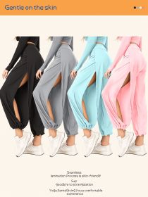[4 Pack High Waist Split Pants]Women's Loose Fit Yoga Trousers, Black+Gray+Blue+Pink Elastic Waist Workout Pants with Side Slit (Color: Black+Gray+Blue+Pink, size: M)