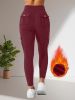 Sports high waisted and hip lifting yoga pants, button pockets, sports leggings, tight fitting slimming and warm work pants for women
