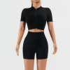 Workout Sets for Women 2 Piece Seamless Ribbed Short Sleeve Crop Top High Waist Shorts Yoga Outfits