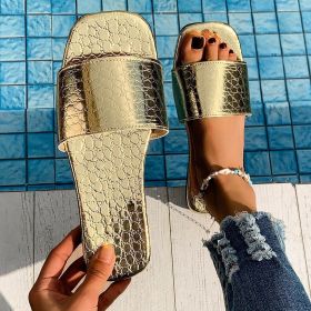 Fashion Crocodile-textured Slides Slippers Summer Square Toe Flat Sandals Summer Seaside Vacation Beach Shoes For Women (Option: Gold-Size36)
